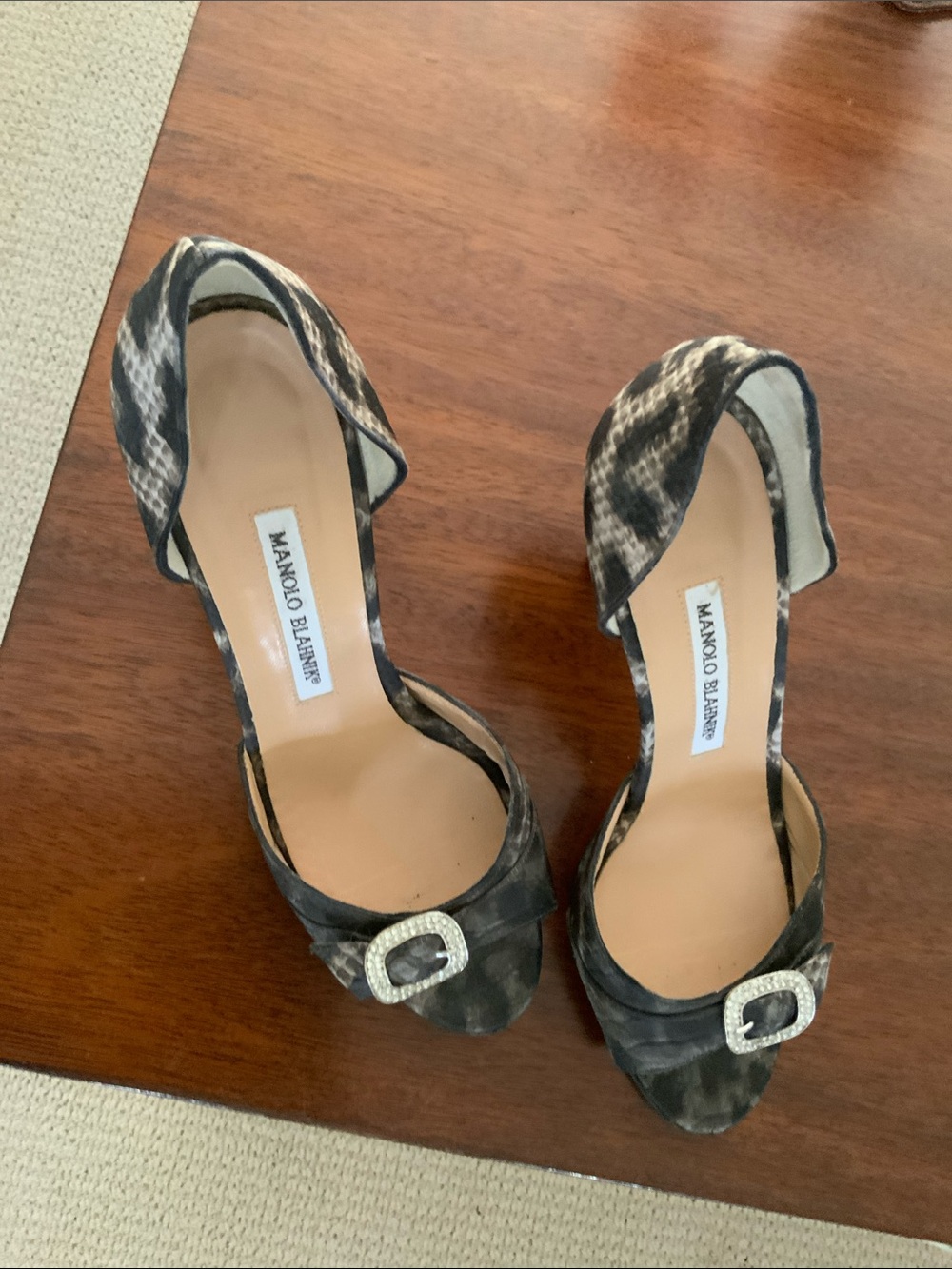 Manolo Blahnik Black and Brown Satin Peep-Toe Pumps with Crystal Buckle